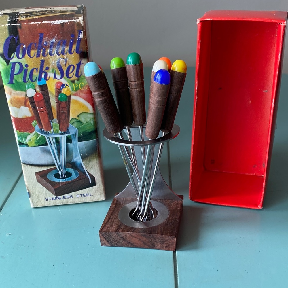 Vintage Cocktail Pick Set with Stand in box